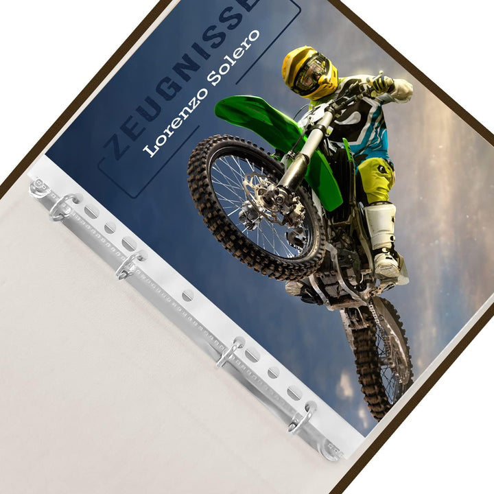 Zeugnismappe personalisiert Motorcross A4 ca. 31x24 cm grün blau Zeugnisbuch Motorrad Urkundenmappe