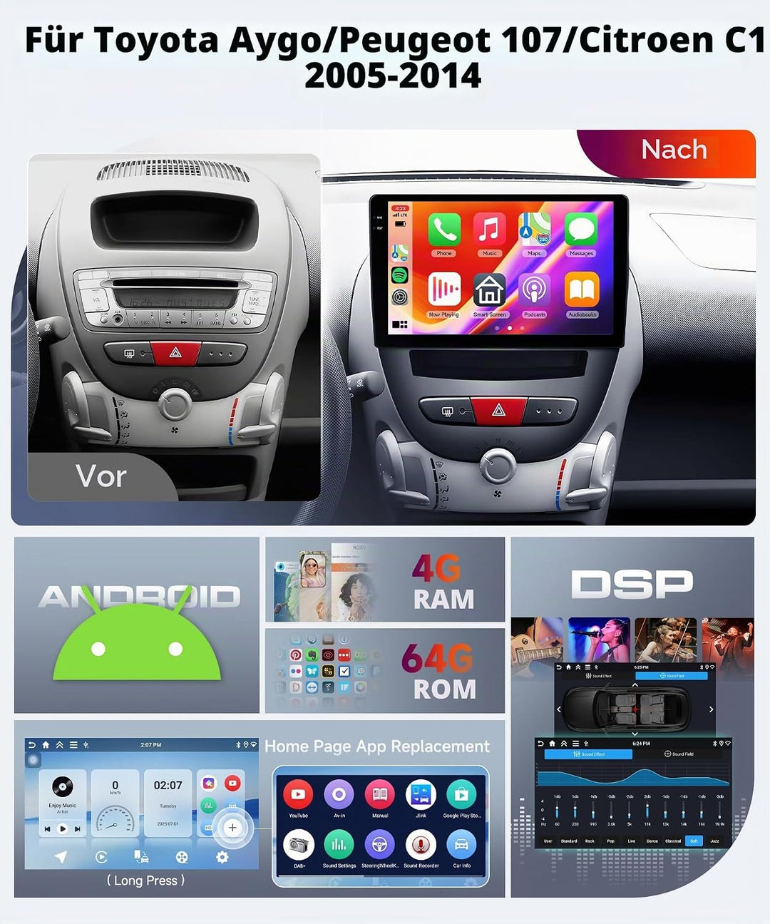 【2+32G】 Hodozzy Carplay/Android Auto Android Autoradio 2 Din für Toyota Aygo/Peugeot 107/Citroen C1