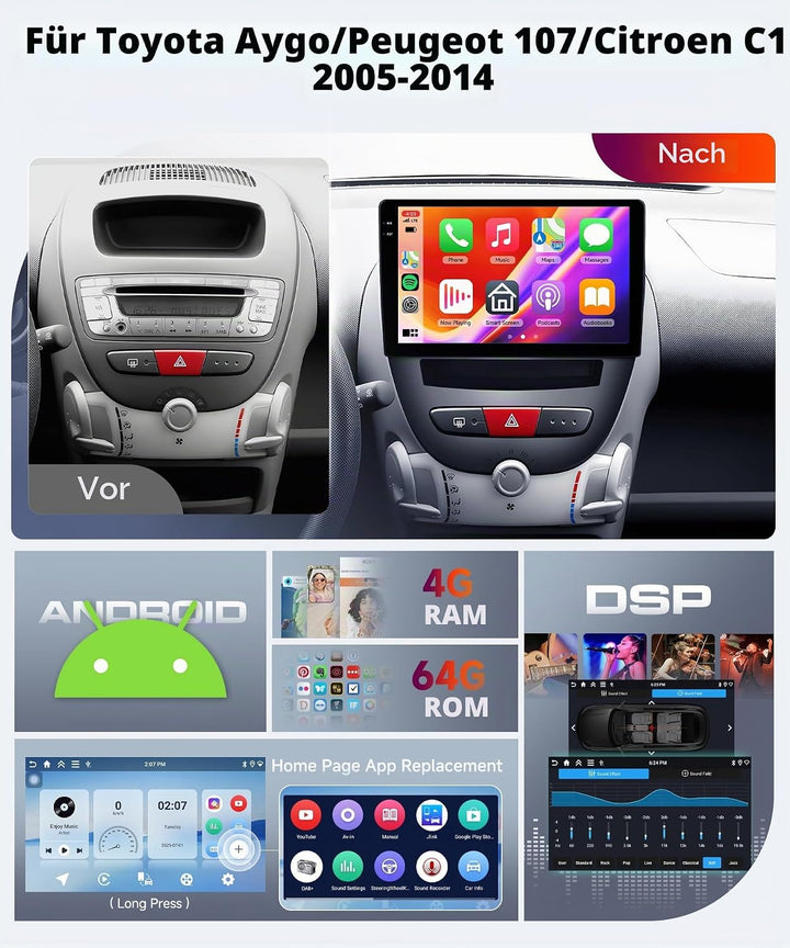 【2+32G】 Hodozzy Carplay/Android Auto Android Autoradio 2 Din für Toyota Aygo/Peugeot 107/Citroen C1