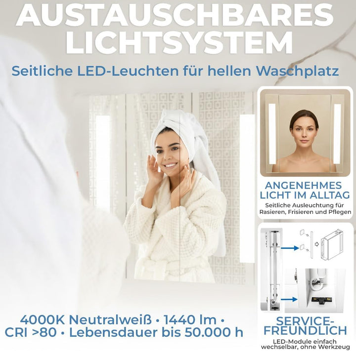 HAPA Design Bad Spiegelschrank mit Beleuchtung und Steckdose Venedig. Austauschbare LED Beleuchtung
