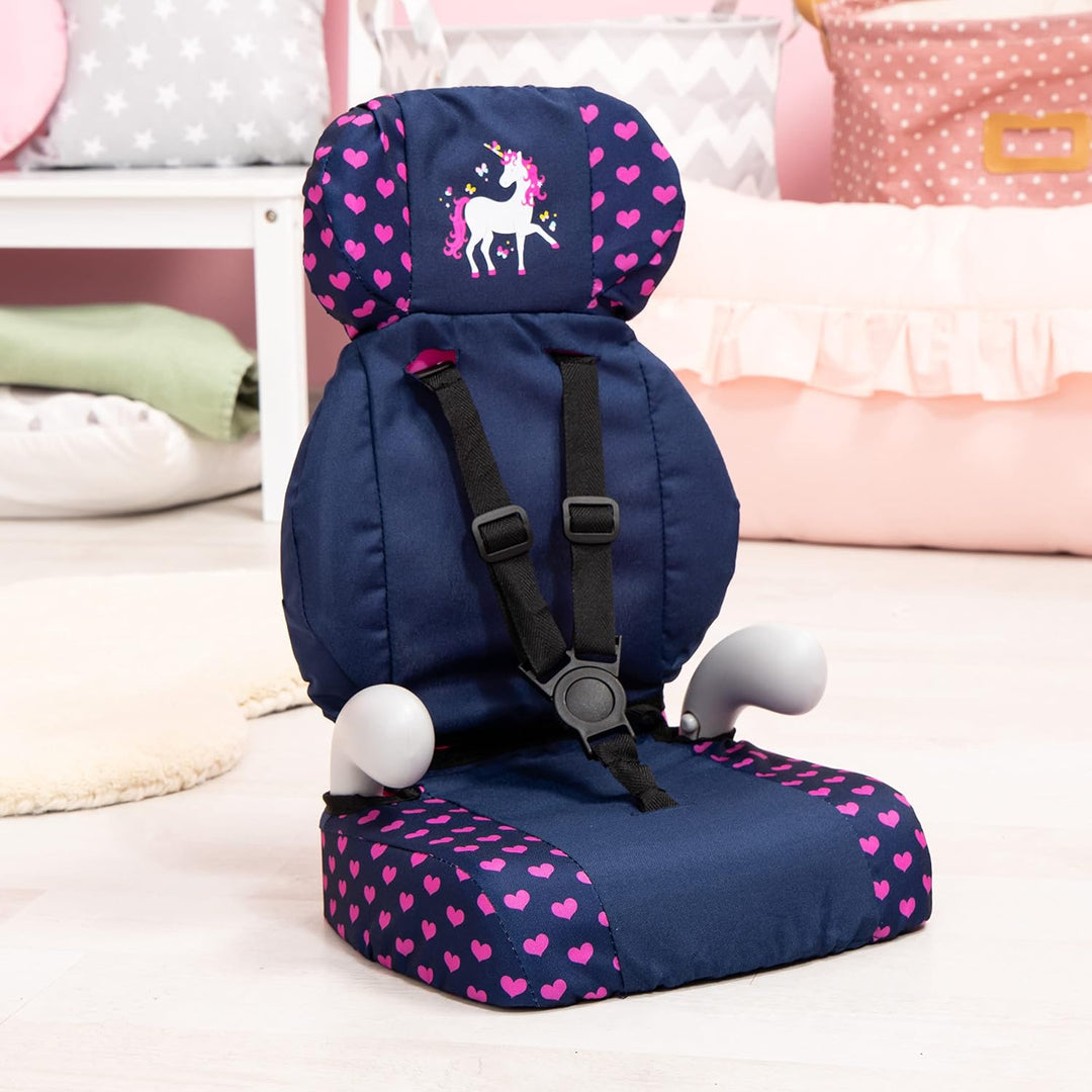 Bayer Design 67554AA Deluxe Puppenautositz, Puppensitz, Puppenzubehör, mit Gurt, blau, rosa, Einhorn