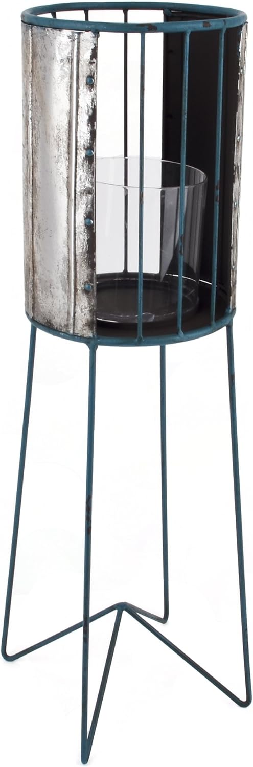Laterne Beach Lounge Design Metall Silber blau Windlicht (67x19x19cm)