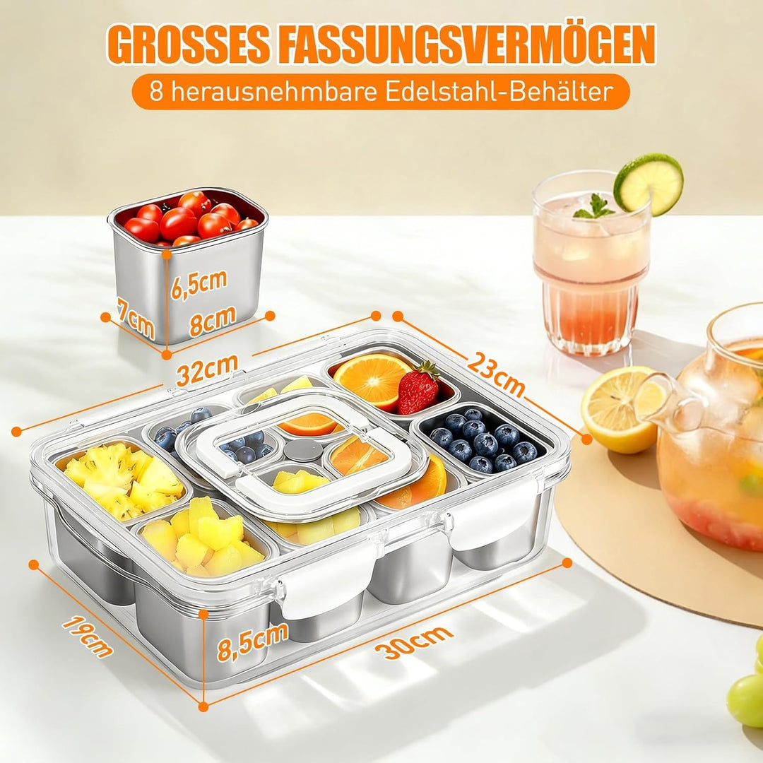 Snackbox mit 8 Edelstahl Fächern Tragbar Snack Aufbewahrungsbox mit Deckel und Griff, Auslaufsichere