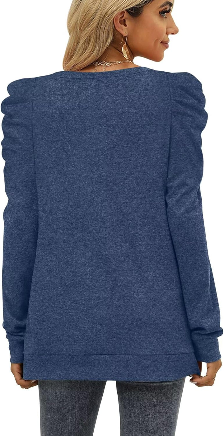 XIEERDUO Puffärmel Pullover Damen Herbst Sweatshirt Elegant V Ausschnitt Langarm Shirt Blau S, Blau