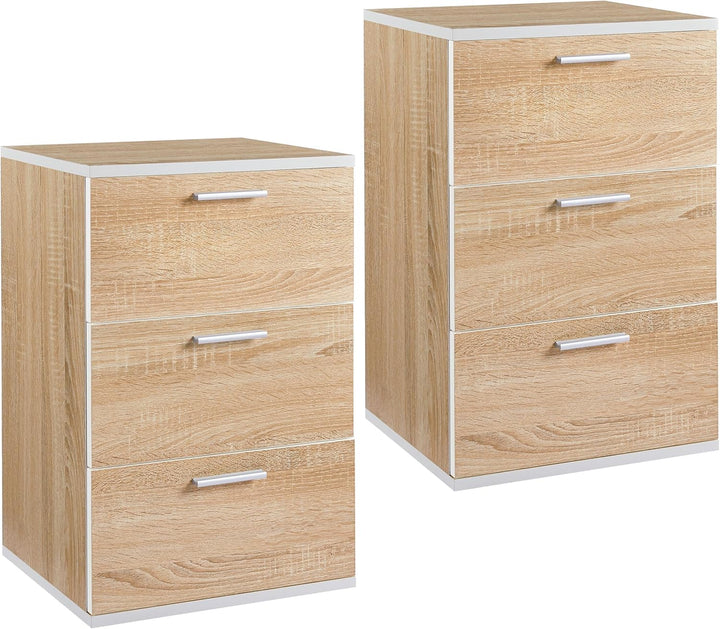 Yaheetech 2er Set Nachttisch Nachtschrank 3 Schubladen Nachtkommode mit Metallgriffe 60cm hoch Beist