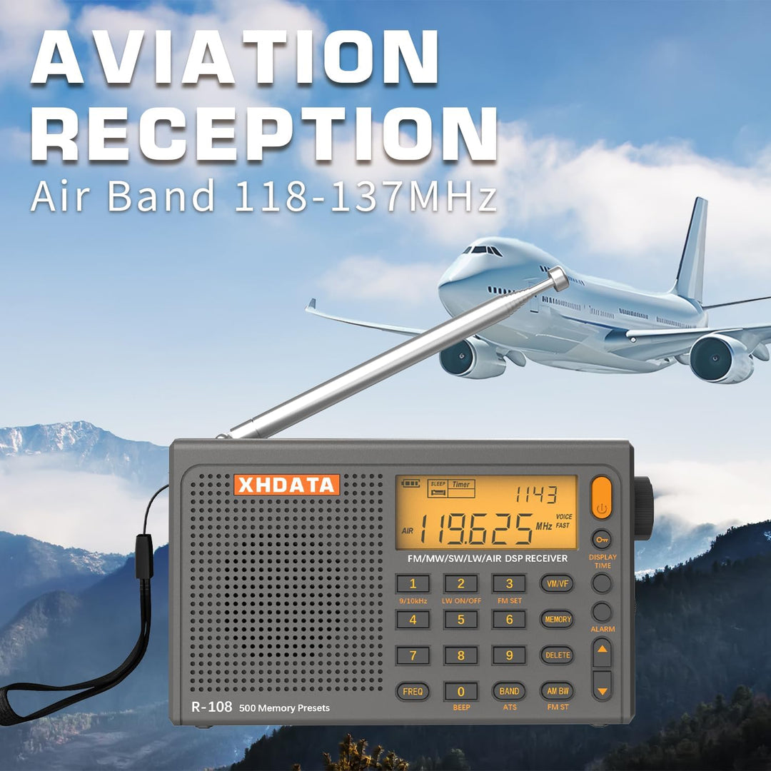 XHDATA R-108 Kleines Tragbare Radios Wiederaufladbares Batterieradio UKW FM AM SW Airband Radio welt
