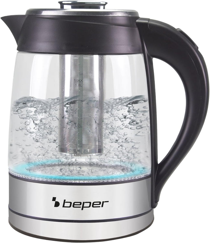 Beper BB.103 Elektrischer Wasserkocher, Schwarz/Glas 1,8L, 1,8L