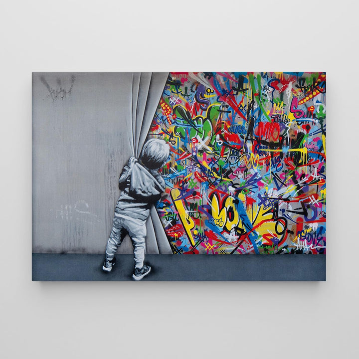 Giallobus - Gemälde - Banksy - - Standardleinwand - 70x50-04 - Kind öffnet den Vorhang - Bereit zum