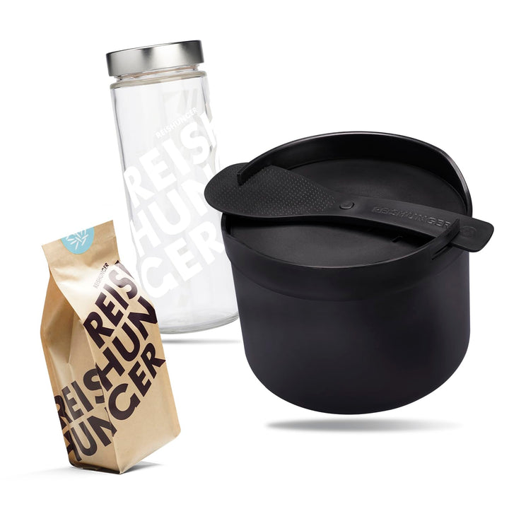 REISHUNGER Starter Set Mikrowellen Reiskocher (1,7 l) - schwarz - Für perfekt gegarten Reis in nur 1