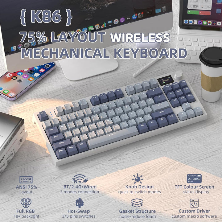 VGN GAMEPOWER RK86 Mechanische Gaming Tastatur Kabellos 75% Prozent TKL, 2,4G Wireless/Bluetooth/USB
