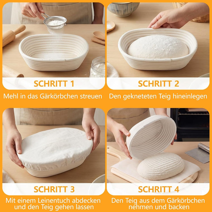 Gärkörbchen Oval 28x14x8 cm aus Natur-Rattan – Brot Gärkorb mit Leineneinsatz, Perfekt zum Gären von