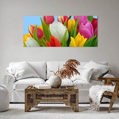 Wandbilder Dekoration Wohnzimmer Tulpen Blumenstrauss Blumen Tau Panorama Bilder auf Leinwand 120x50