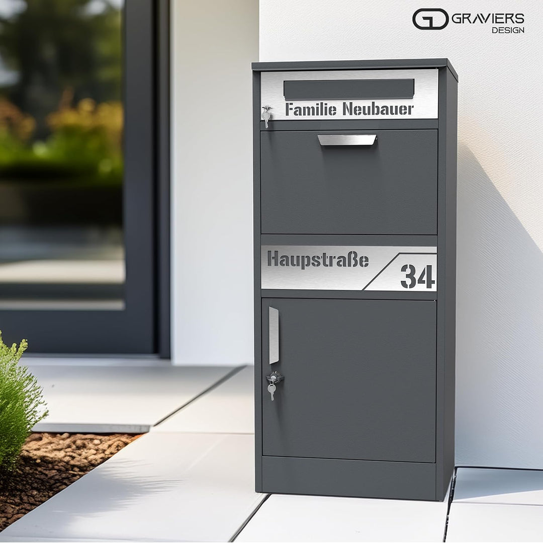 Graviers Design Paketbriefkasten mit Brieffach personalisiert freistehend - Edelstahl Namensschild H