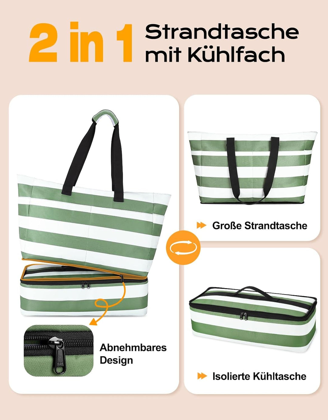 CIRYCASE Strandtasche XXL Familie mit Kühlfach, 54L Grosse Badetasche Strandtasche mit Reissverschlu