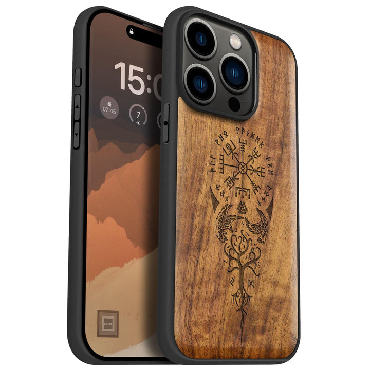 Carveit Holz Cover für iPhone 15 Pro hülle, Kompatibel mit Magsafe Silikon Stossfeste Cover, Magneti