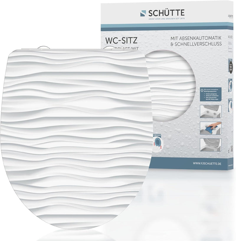 SCHÜTTE WC-Sitz Duroplast HG WHITE WAVE, Hochglänzender Toilettensitz mit Absenkautomatik, Schnellve