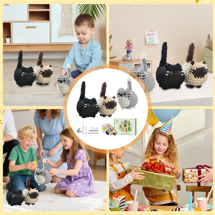 VZU Häkelset für Anfänger – 3 süsse Katzen, Komplettes Amigurumi Starter-Set mit Garn, Haken, Nadeln