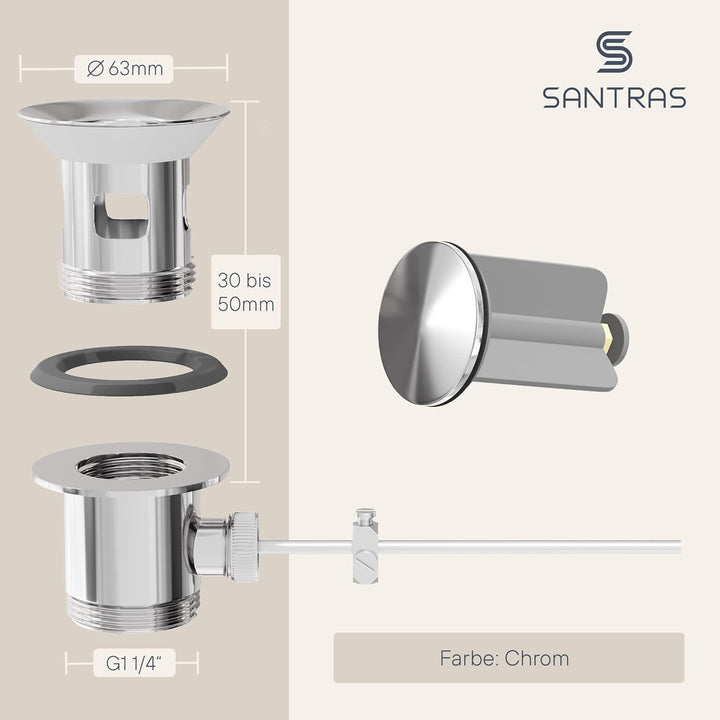 SANTRAS® Exzenter Ablaufgarnitur PREMIUM für Waschtisch mit Schutz vor Überlauf in Chrom – Komplette