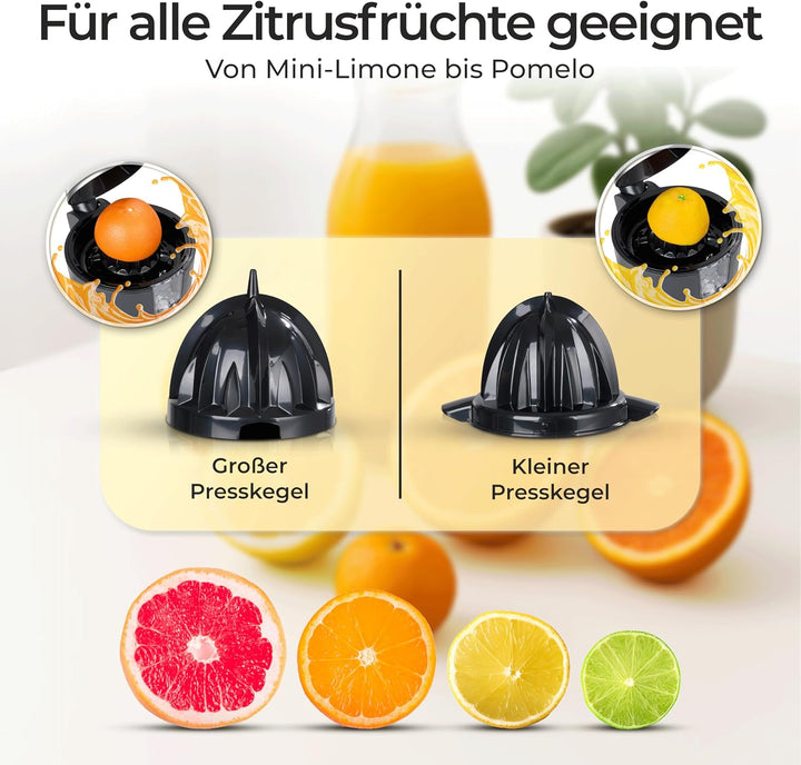 KLAMER Saftpresse elektrisch mit zwei Presskegeln – Zitruspresse für Orangen, Zitronen, Limetten & G