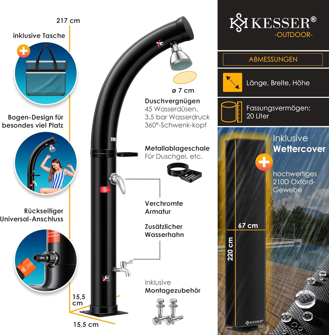 KESSER® Solar Gartendusche Solardusche Bogen Inkl. Schutzhaube warmes Wasser | 20 Liter | max. 60°C