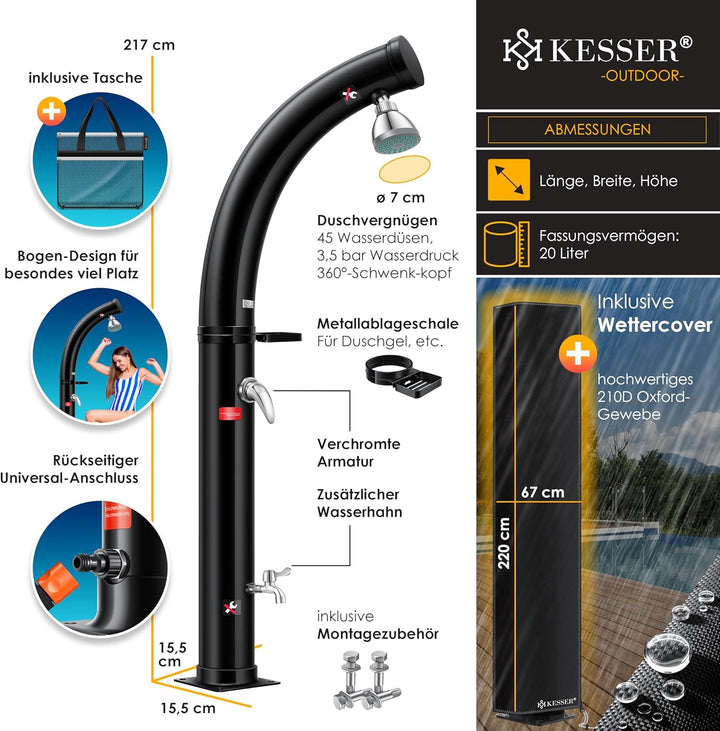 KESSER® Solar Gartendusche Solardusche Bogen Inkl. Schutzhaube warmes Wasser | 20 Liter | max. 60°C