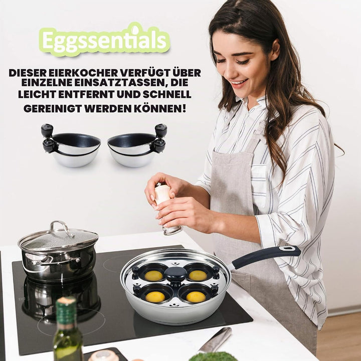 Eggssentials Pochierte Eierkocher aus Edelstahl, lebensmittelecht, PFOA-frei, mit Pfannenwender, 4 P