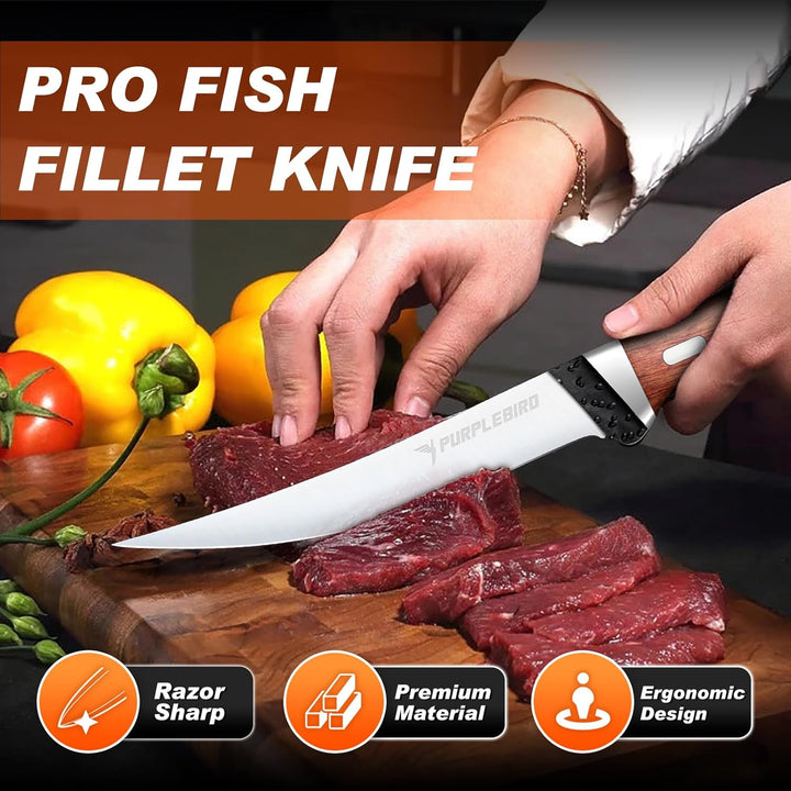 PURPLEBIRD Filetiermesser für Fisch 15 CM mit Scheide, 440C Edelstahl Fischmesser zum Schneiden von