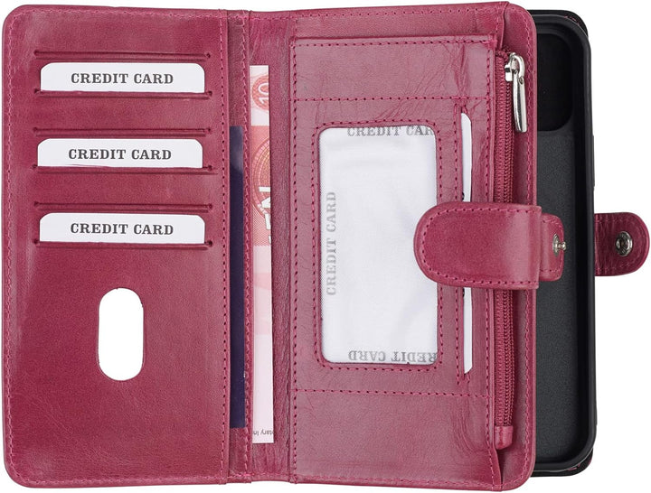 HANS/SON iPhone 13 Lederhülle mit Geldbörse | 2-in-1 Handyhülle in Magenta aus Echtleder | iPhone 13