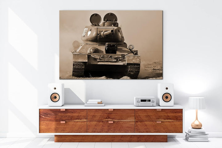 deyoli Panzer im Einsatz Effekt: Sepia Format: 80x60 als Leinwandbild, Motiv fertig gerahmt auf Echt