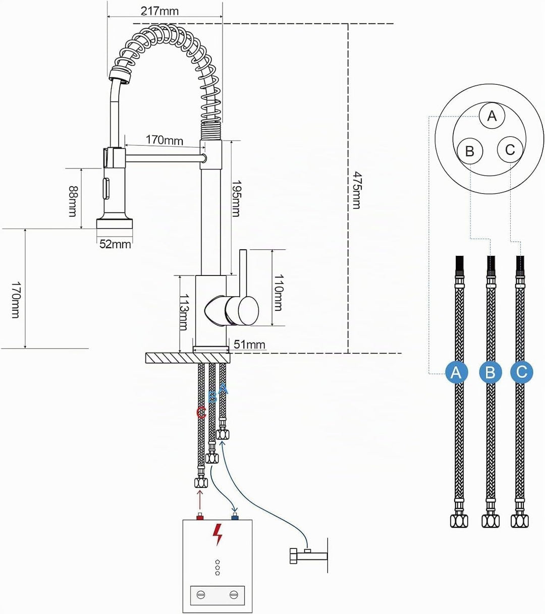 Niederdruck Küchenarmatur mit 2 Wasserstrahl 360° schwenkbar Einhand-Mischbatterie für Boiler/Untert