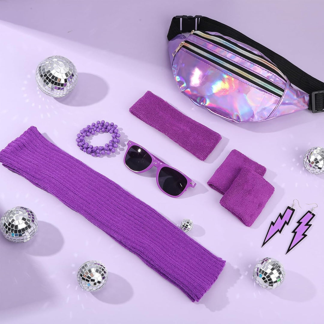 80er Jahre Outfit Damen, 90er Jahre Kostüm Kleidung Accessoires mit Bauchtasche, Stirnband, Beinwärm