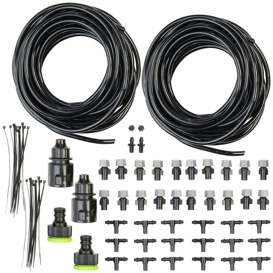 Royal Gardineer Vernebler Garten: 2X Wasser-Zerstäuber-Set, je 10-Meter-Schlauch & 10 Kunststoff-Düs