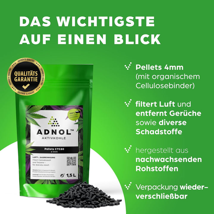 Aktivkohle Pellets 1,5 Liter für Luftfilter Growbox Verbesserung der Raumluft, CTC80, Durchmesser 4m