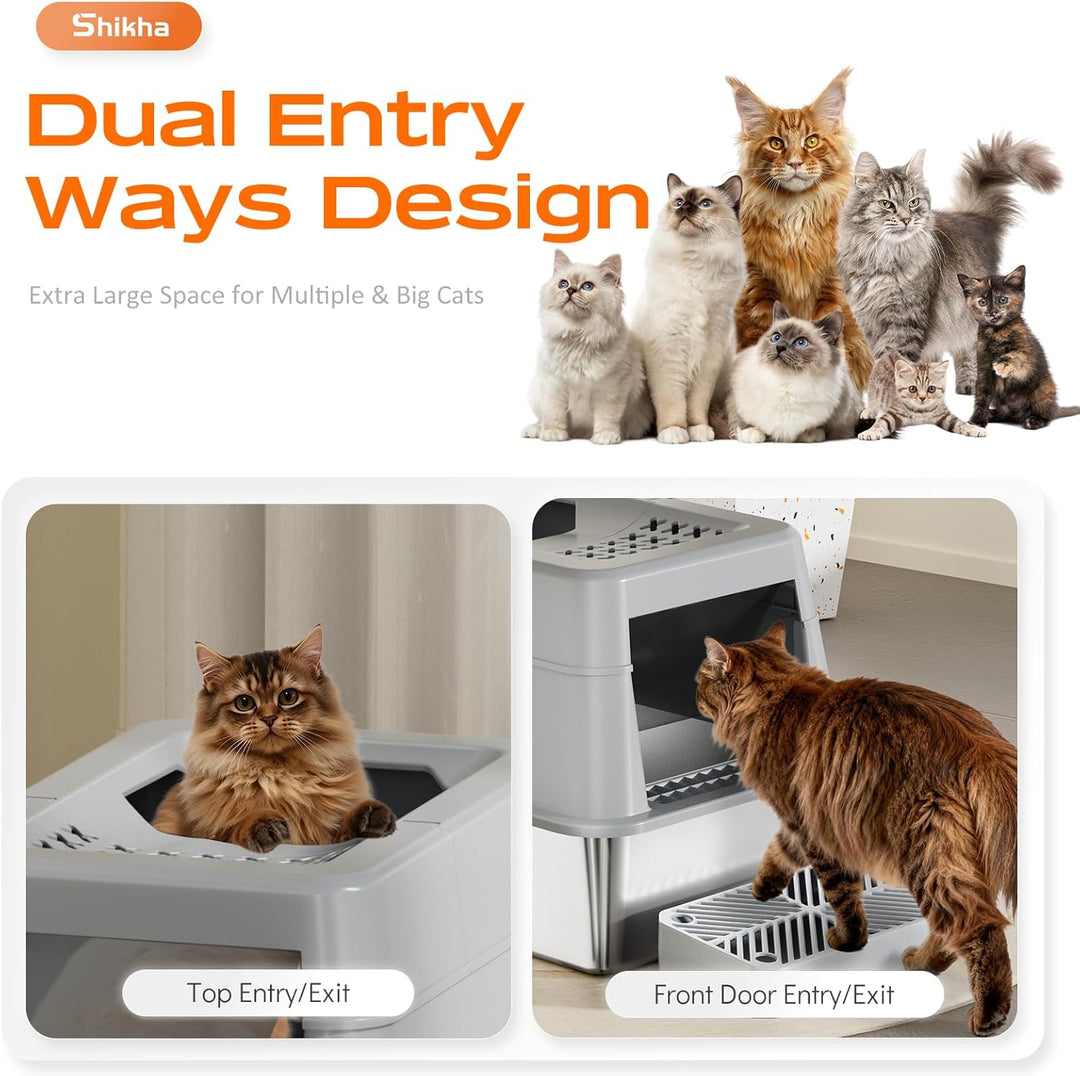 Edelstahl Katzenklo mit Deckel, 110° Flip-Cover Design XXL Geschlossen Katzentoilette aus Edelstahl,