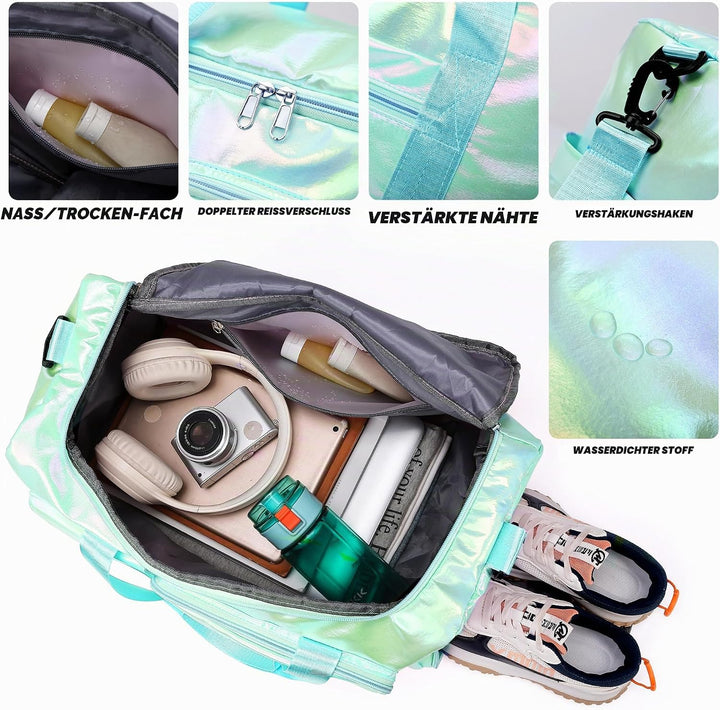 ZIOISNM Sporttasche Damen mit Schuhfach und Nassfach, Reisetasche Damen Glitzer Gym Bag saunatasche