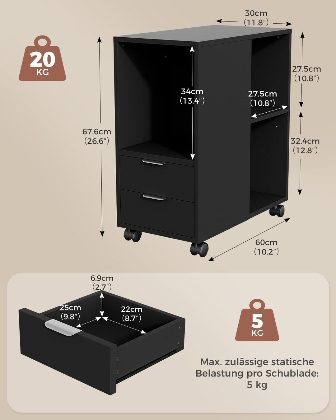Rollcontainer Aktenschrank, Büro Schubladenschrank Untertisch, Schwarz Schwarz Holz, Schwarz Holz