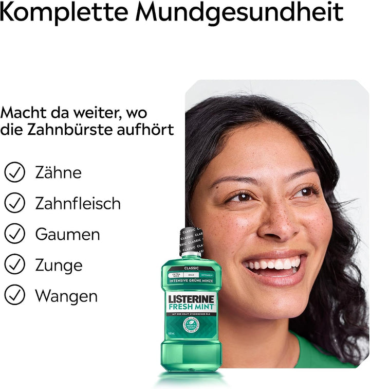 Listerine Fresh Mint (6 x 500 ml), antibakterielle Mundspülung mit ätherischen Ölen für einen frisch