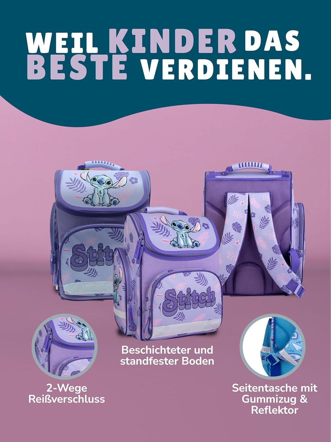 Familando - Schulranzen Set - 6-teilig mit Sporttasche - Disneys Lilo und Stitch - Ergonomisch, stab