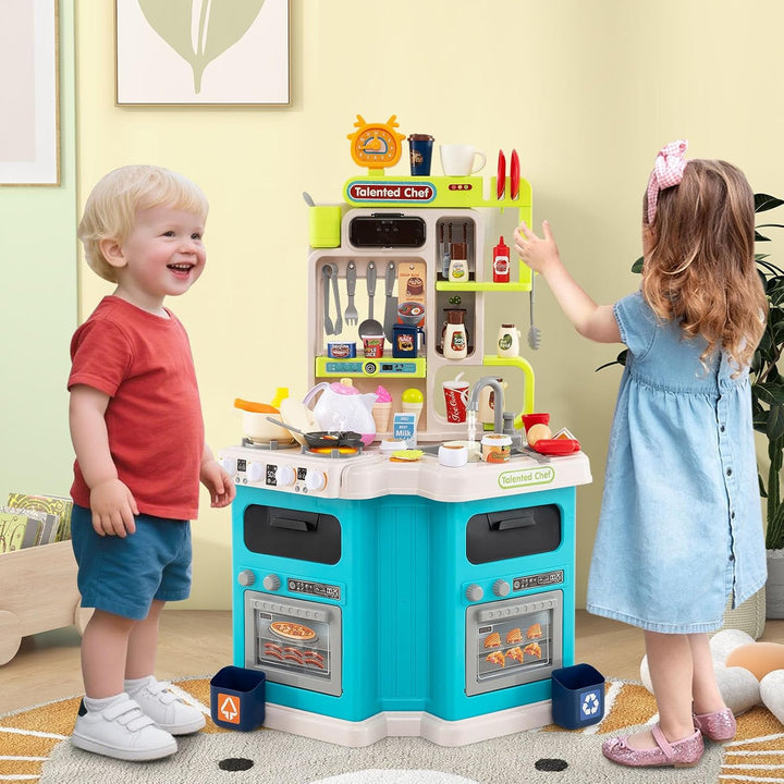 COSTWAY Kinderküche mit 113 Zubehör, Eck-Spielküche mit Licht, Sound & Dampf, Kinder Küche mit Kochh