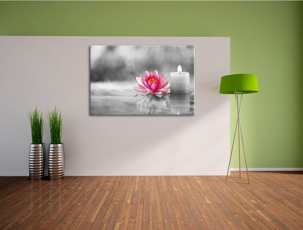 süsse Seerose neben Kerze schwarz/weiss Format: 100x70 auf Leinwand, XXL riesige Bilder fertig gerah
