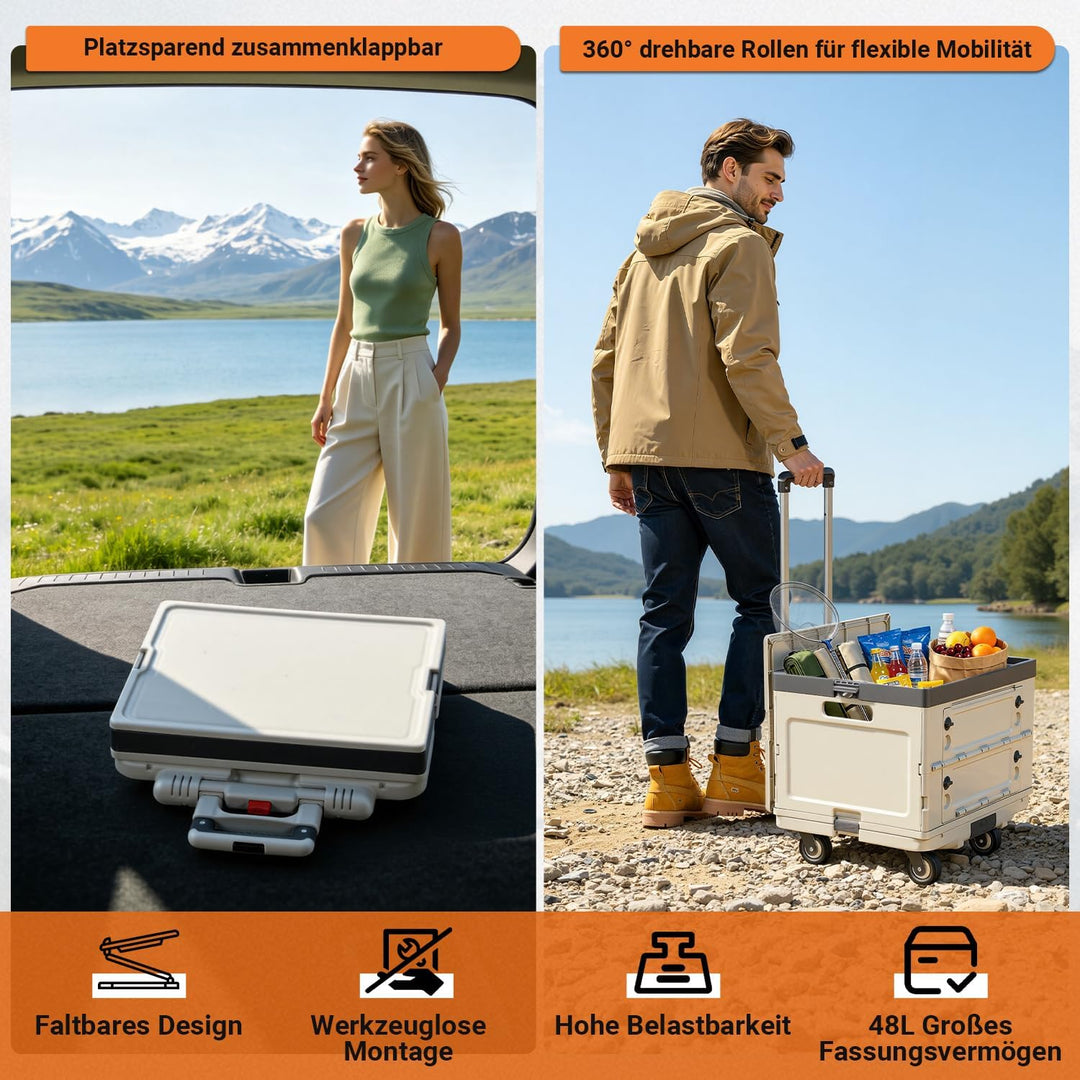 48L Einkaufstrolley klappbar 3-in-1 Boxwagen Beige | Alu+PP, 48L Boxvolumen, 3-in-1 als Plattformwag