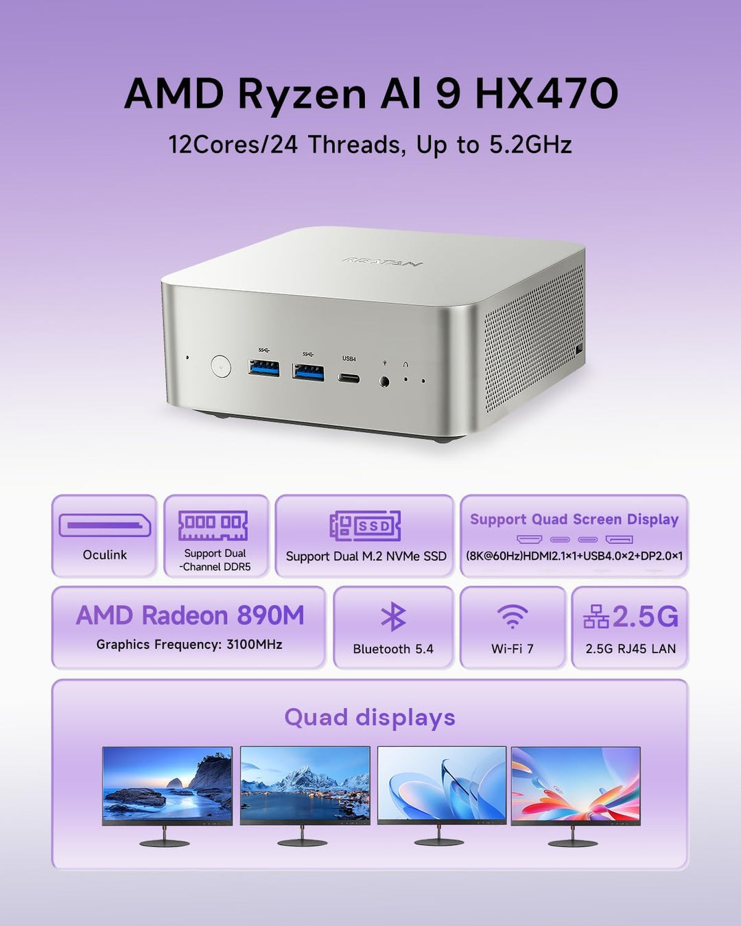 Reatan X8-HK 470 mini PC, AMD Ryzen AI 9 HX-470 (12C/24T, up to 5.2 GHz),48GB DDR5, 2TB SSD,Radeon 8