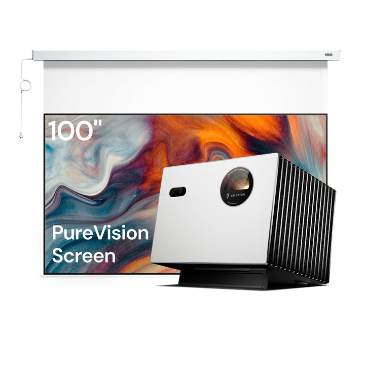 Heimkino-Paket: Valerion Pro2 4K Triple-Laserprojektor mit 100-Zoll-PureVision-Bildschirm mit Motor,