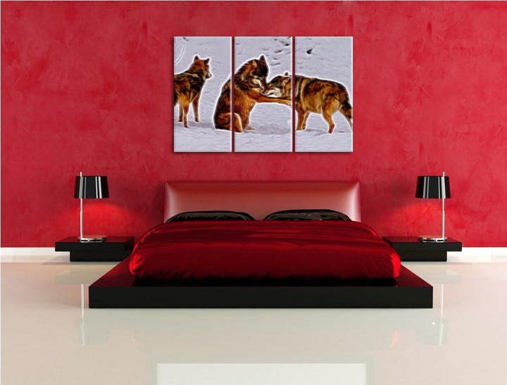 spielendes Wolfsrudel Spezial 3-Teiler Leinwandbild 120x80 Bild auf Leinwand, XXL riesige Bilder fer