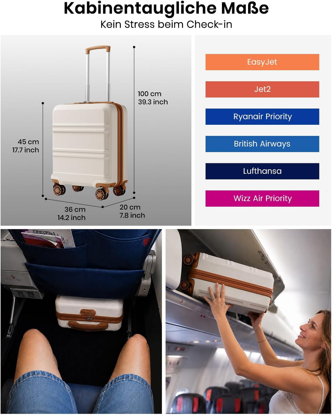 KONO Handgepäck Koffer EasyJet 45x36x20 ABS+PC Hartschale, Creme Weiss | Leichte Kabinenkoffer für F