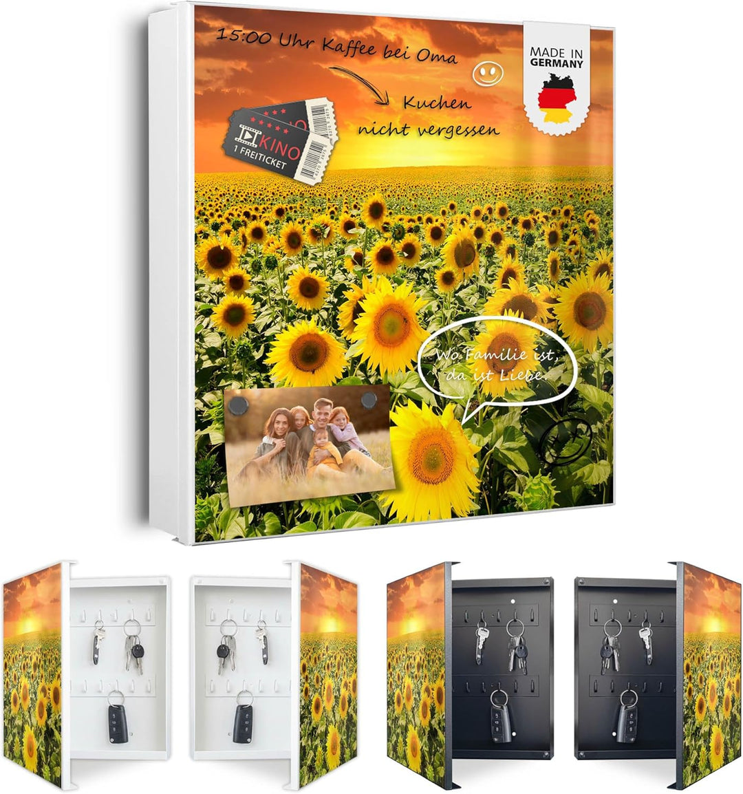 banjado® Grosser Schlüsselkasten Glas/Schlüsselbox 30cm x 30cm mit 50 Haken - Motiv Sonnenblumenmeer