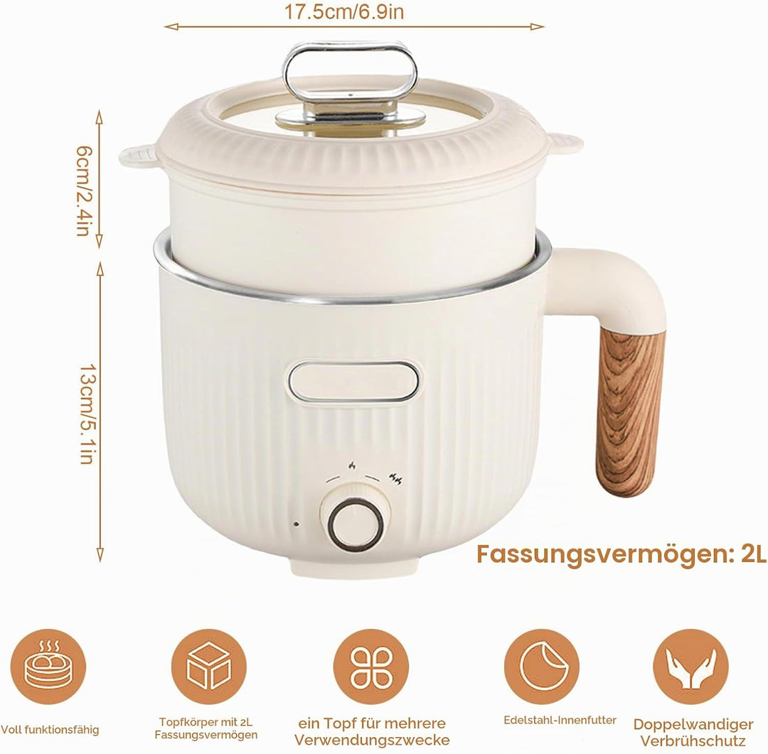 Elektrische Hot Pot, 2L Tragbare Mini Antihaft Multikocher Mit Dämpfkorb, Edelstahl Elektrischer Koc