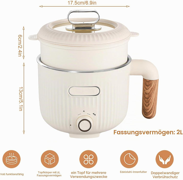 Elektrische Hot Pot, 2L Tragbare Mini Antihaft Multikocher Mit Dämpfkorb, Edelstahl Elektrischer Koc