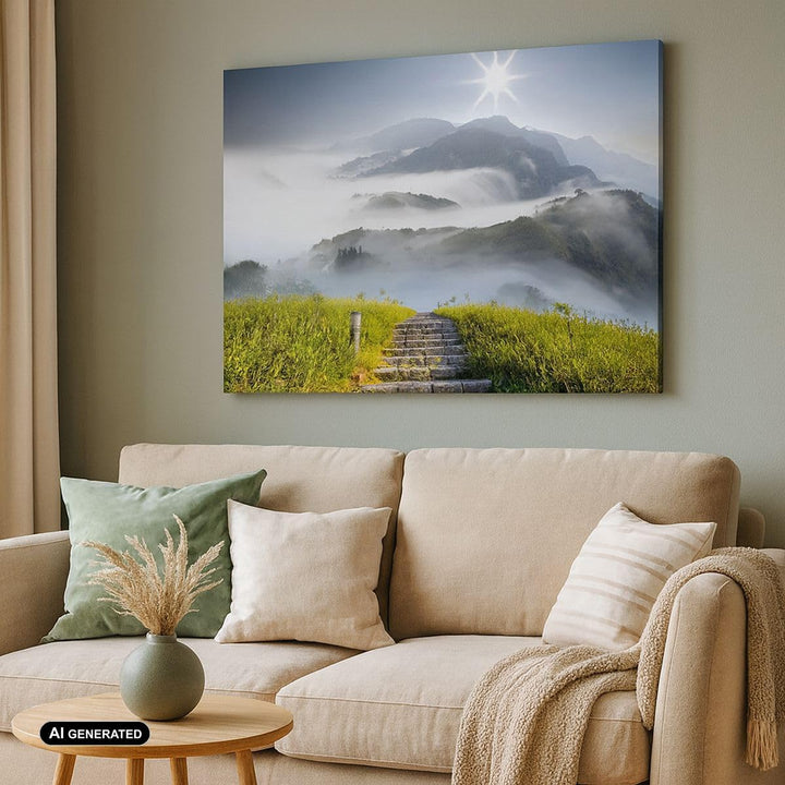 Bilder auf Leinwand 100x70cm Leinwandbild Berg Nebel Landschaft Morgen Gross Wanddeko Bild Schlafzim