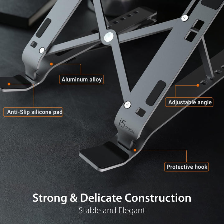 j5create Laptop-Ständer mit USB Hub- Faltbarer Aluminium-, tragbarer Laptop-Ständer mit 4 USB3.2-Ans
